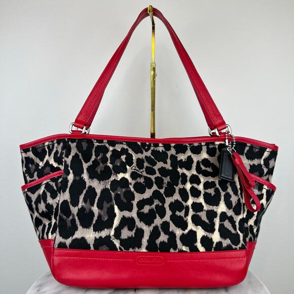 COACH Leopard Print Canvas Red Leather Tote Shoulder Purse Bag Authentic - Picture 11 of 16
